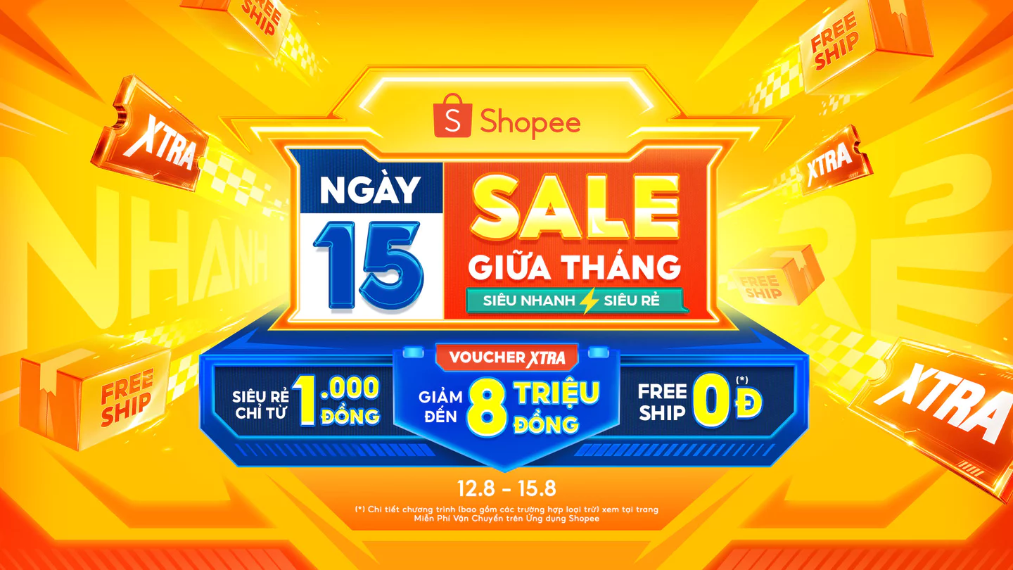 Shopee 15.8: Deal Fb, Ig, Ytb 50%, Voucher Xtra 18% Max 8 triệu.